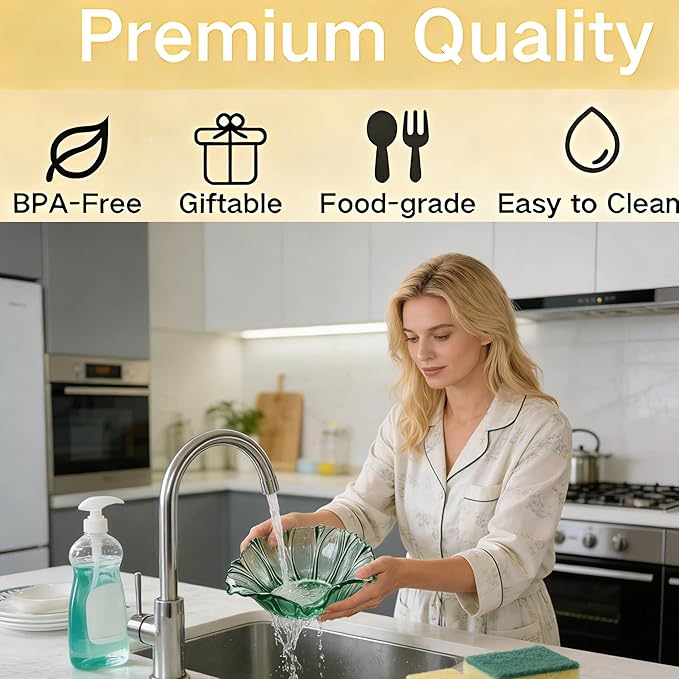 2 Piece Glass Salad Bowl Set - 7.3" Decorative Serving Bowls, 17 OZ (500ml) Multipurpose Bowls for Fruits, Veggies, Snacks, Candies, Desserts, Family Dinners & Parties (Green, medium size)