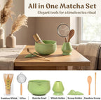 Matcha Kit Whisk Set (7 Pcs) - Complete Matcha Set, Matcha Bowl with Spout, Whisk with Holder, Bamboo Scoop with Rest and Sifter, Perfect Kit for Matcha Lovers (Green Mist)