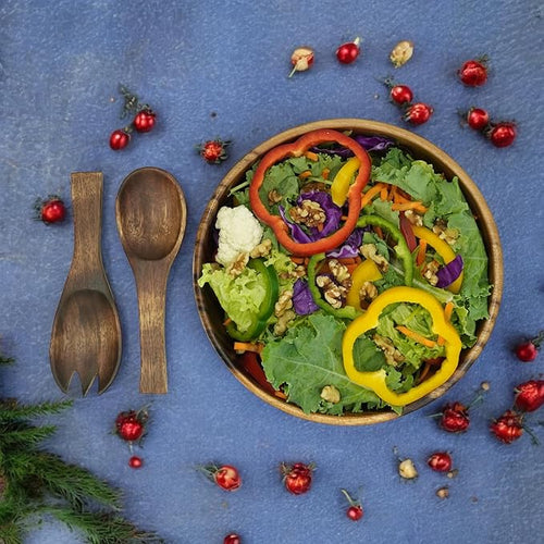 Acacia Wooden Salad Bowl Set – 9” Round Handcrafted Bowl with 2 Wood Servers, Rustic Durable Serveware for Salads, Fruit, Snacks & Everyday Dining, Gift-Ready Set of 3