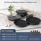 12 Pcs Pots and Pans Set Non Stick, Cookware Sets Black Granite Induction Cookware, Non-toxic Healthy Nonstick Kitchen Cooking Set with Frying Pans Set, Saucepans (PFAS/ PFOA/ PFOS Free)