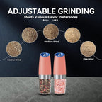 Gravity Electric Salt and Pepper Grinder set of 2, Automatic Salt And Pepper Grinder Set, Adjustable Roughness, Battery Powered, LED Light, 2 Pack, (Pink)