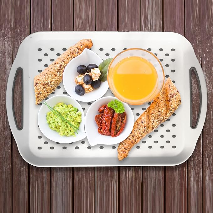 Large Non Slip Serving Tray with Handles, Silicone Gripping Nubs Lap Food Trays for Eating, Dishwasher Safe Serve for Dinner Snack Fruit Dessert Breakfast Beverage, Rectangular, Set of 2, White