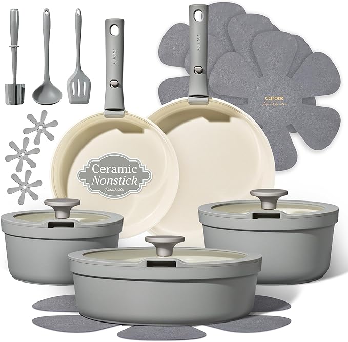 Carote 20pcs Ceramic Cookware Set with Detachable Handles, Pots and Pans Set Non Stick, RV Kitchen Cooking Pot and Pan, Dishwasher Safe, Non-toxic Induction Cookware PFAS and PFOA Free, Grey