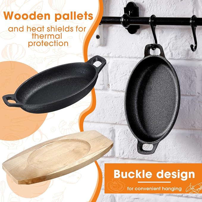 Mifoci 2 Pcs Mini Cast Iron Skillet with Wooden Base Small Cast Iron Fajita Plates Baker's Skillet Matte Black Pan Pot for Kitchen Restaurant Barbecue Dinner (8.5 x 6.1 x 1.7 Inches)