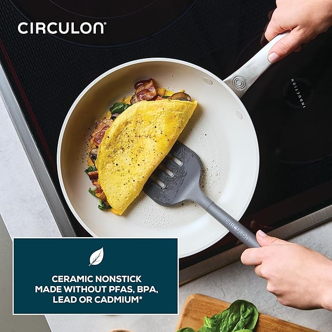 Circulon Halo with LaserDefense Ceramic Nonstick Frying Pan, Compatible with All Stovetops, Made without PFAS, Dishwasher and Oven Safe, 10 Inch Skillet - Pearl White