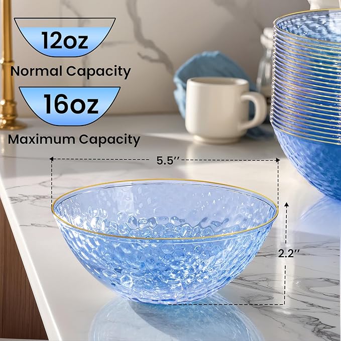 I00000 30 Pack 12 Ounce Blue Plastic Bowls Hammered Clear Bowl with Gold Rimmed, Heavy Duty Disposable Bowl Set,Elegant Small Bowls for Party, Weddings, Catering