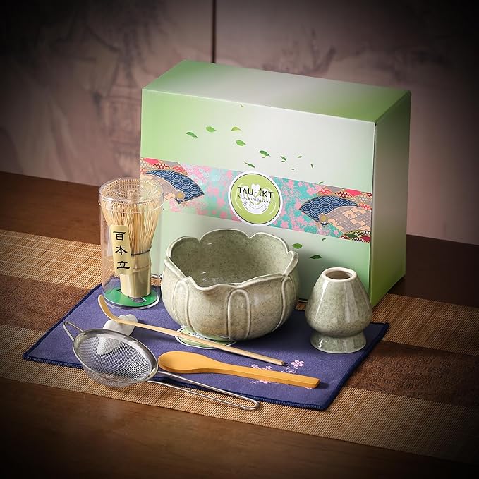 Matcha Whisk Set, Ceramic Matcha Set 8 Pcs, Matcha Kit Set Includes Matcha Bowl, Matcha Whisk and Holder, Bamboo Scoop and Rest, Sifter and Tea Towel, Ideal Gift for Family/Friend (Cyan)