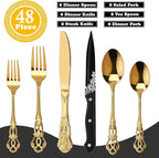 Runfly Retro Royal Gold 48 Pieces Flatware Set, Gorgeous Golden Silverware Set For 8, Anti-rust Stainless Steel dark Cutlery Set Utensils Including Fork Spoon and Knife