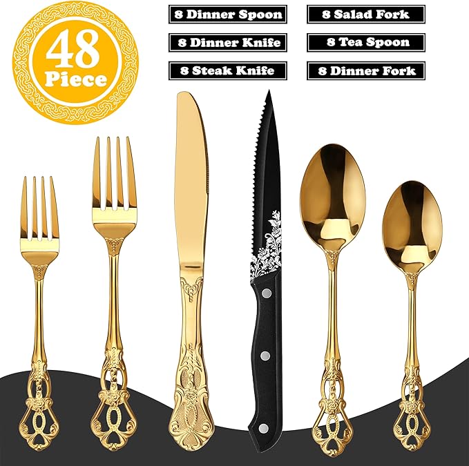 Runfly Retro Royal Gold 48 Pieces Flatware Set, Gorgeous Golden Silverware Set For 8, Anti-rust Stainless Steel dark Cutlery Set Utensils Including Fork Spoon and Knife