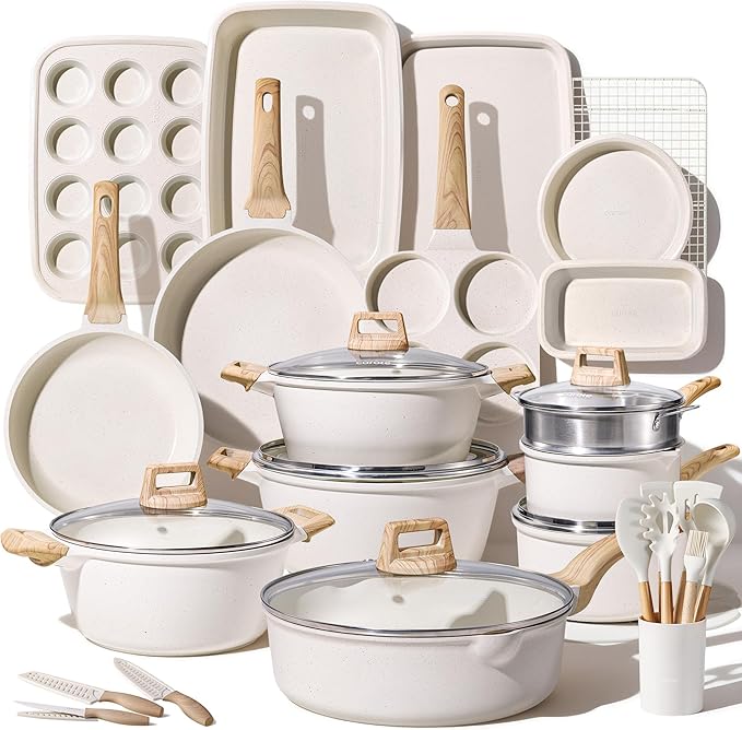 CAROTE 44pcs Pots and Pan Set Nonstick, Cookware Sets, Cooking Set Non Stick, Induction Cook Ware with Bakeware Set, Kitchen Knife Set
