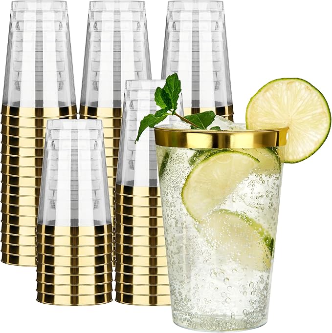 RACETOP 200 Pack 12oz Gold Rimmed Plastic Cups, Heavy Duty Disposable Glasses, Elegant Disposable Hard Cups for Party, Thanksgiving, Wine Taesting, Birthday and Christmas.