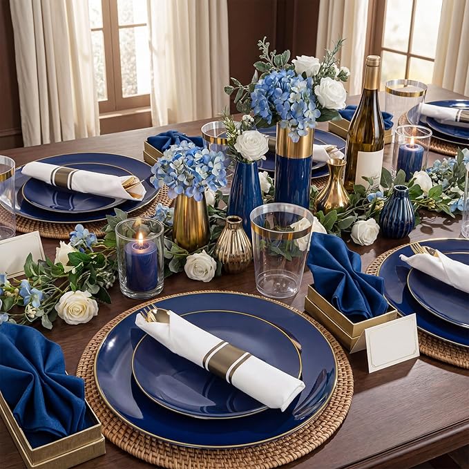 KIRE 350Pcs Blue and Gold Plates -Heavy Duty Navy Blue Dinnerware Set - 100 Plastic Plates 50 Pre Rolled Napkins with Gold Plastic Silverware 50 Cups for Birthday/Wedding/Parties/Passover/Graduation