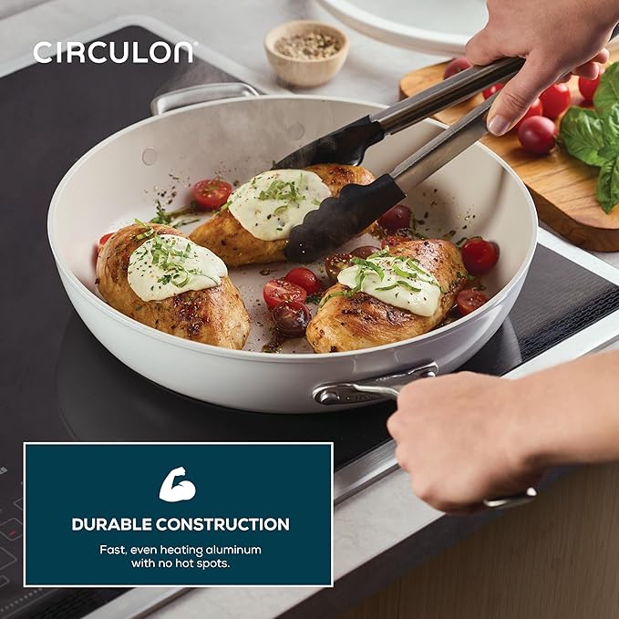 Circulon Halo with LaserDefense Ceramic Nonstick Frying Pan with Helper Handle and Lid, Made without PFAS, Compatible with All Stovetops, Dishwasher and Oven Safe, 12 Inch Skillet - Pearl White