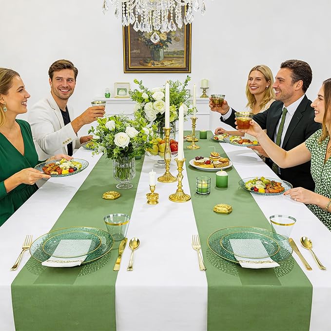 DaYammi 350 Pcs Clear Green Gold Plastic Plates, Hammered Disposable Dinnerware, Clear Green Plates Set Include 100 Plastic Platos, 150 Gold Disposable Silverware, 50 Cups and 50 Napkins for Party
