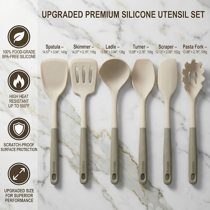 Silicone Kitchen Utensils Set, 6-Piece NON-PLASTIC 500°F Heat-Resistant BPA-Free Dishwasher Safe Cooking Tools with Upgraded Spatula,Turner Ladle Skimmer Pasta Fork Scraper, Cream White &Mocha