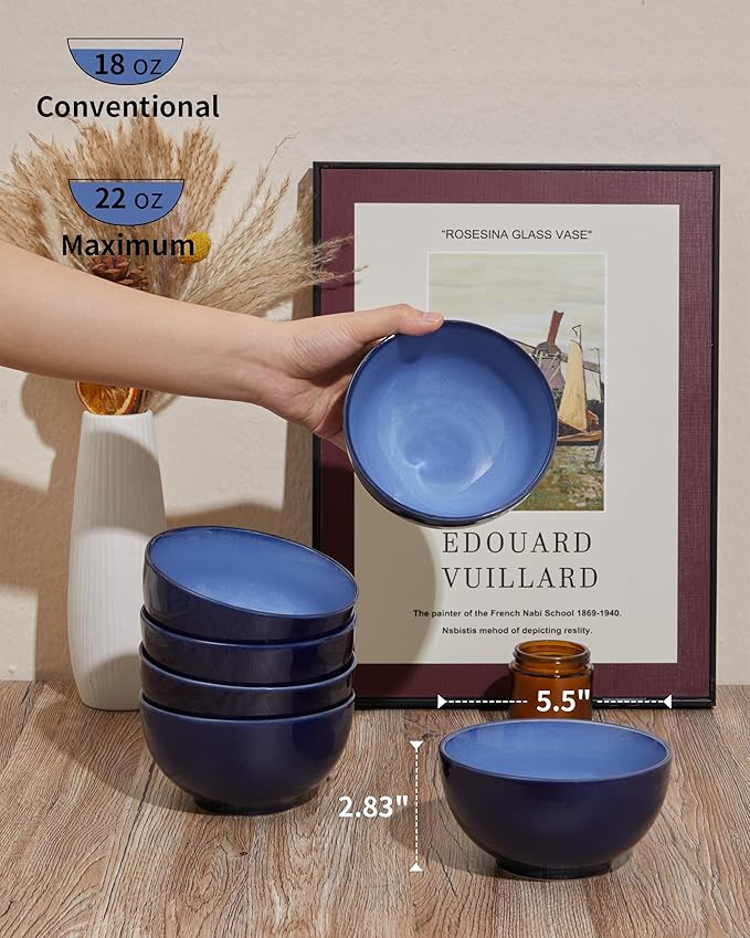 Pokini 22 Oz Ceramic Cereal Bowls, 5.5 Inch Microwave & Dishwasher Safe Lead-free Soup Bowls Light Blue Bowls for Kitchen for Pasta Oatmeal Salad Dessert