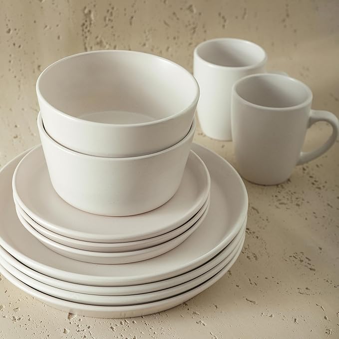 Stone Lain Albie Stoneware 16 Piece Modern Dinnerware Set, Plates and Bowls Sets, Service for 4, White Speckled, Microwave & Dishwasher Safe