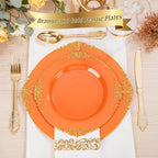Nervure 175PCS Orange Plastic Plates - Orange and Gold Disposable Plates for 25 Guests Include 50Plates, 25Cups, 25Forks, 25Knives, 25Spoons, 25Napkins for Wedding & Party