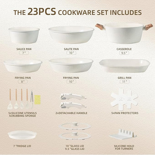 23pcs Ceramic Pots and Pans Set, Nonstick Detachable Handle Cookware, Induction Kitchen Cooking Set with Removable Handle,include Frying Pans & Saucepans Oven Safe, Induction, Stackable Set