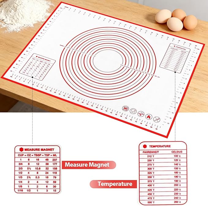 Silicone Baking Mat Non-Slip with Measurements & Conversion Chart, Large 27.5 x 19.7 Inch Baking Mat for Rolling Pin, Dough Kneading, Sourdough Bread Baking Supplies, Kitchen Silicone Mat