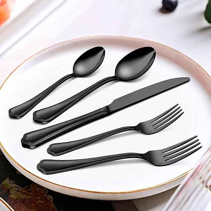 Herogo 20-Piece Black Silverware Set with Scalloped Edge, Stainless Steel Flatware Cutlery Set for 4, Modern Tableware Eating Utensils, Dishwasher Safe, Mirror Polished