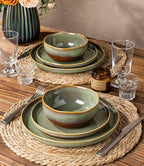 TheTerra Ceramic Dinnerware Sets for 4, 12 Pieces Handmade Reactive Glaze Plates and Bowls Sets, Scratch Resistant Dish Set, Oven & Microwave & Dishwasher Safe, Brown Green