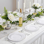 WDF Partyware 350Piece Silver Plastic Dinnerware Set for 50 Guests - Silver Plastic Plates with Cutlery Include:50Dinner Plates-50Dessert Plates-50Pre Rolled Napkins with Silverware Party Wedding