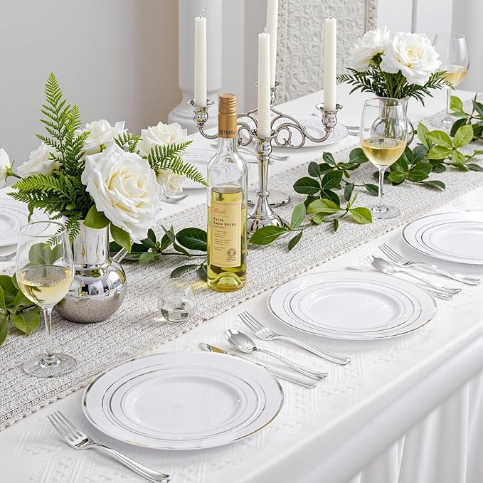 WDF Partyware 350Piece Silver Plastic Dinnerware Set for 50 Guests - Silver Plastic Plates with Cutlery Include:50Dinner Plates-50Dessert Plates-50Pre Rolled Napkins with Silverware Party Wedding