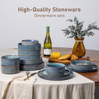 GBHOME 12-Piece Stoneware Dinnerware Set for 4 – Ribbed Ceramic Plates and Bowls, Scratch-Resistant, Microwave & Dishwasher Safe, Reactive Glaze, Ceylon Blue