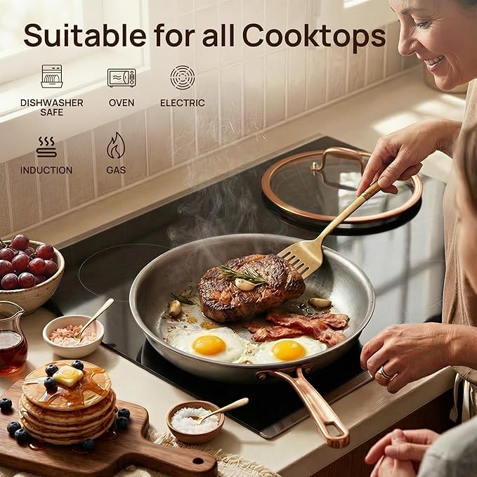 KOKHUB 11 Inch Tri-Ply Stainless Steel Pan, Retro Skillet with Tempered Glass Lid, PFOA/PTFE/PFAS Free Cooking Pan, Non Toxic Cookware, Oven Safe, Dishwasher Friendly, Induction Compatible