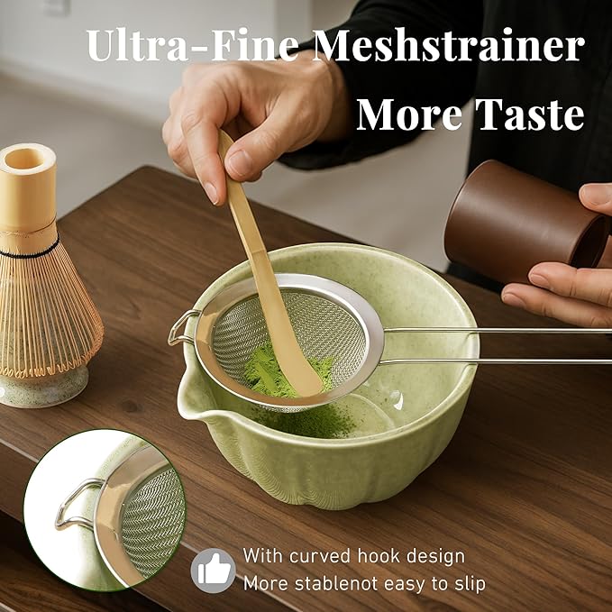 Matcha Whisk Set,7 PCS Ceramic Matcha Kit Includes Matcha Bowl with Spout, Matcha Whisk and Holder, Bamboo Scoop, Stainless Sifter, Towel, Unique Gift for Matcha Lovers (Matcha Green)
