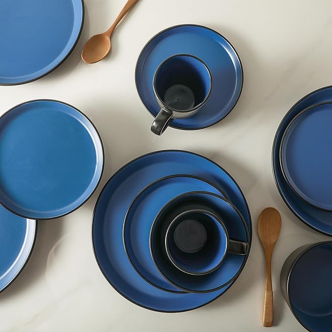 Stone Lain Albie Stoneware 16-Piece Modern Dinnerware Set, Kitchen Plates and Bowls Sets, Service for 4, Blue and Black, Microwave & Dishwasher Safe