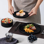 E-far 8-Piece Black Plates and Bowls Sets - Stoneware Dinnerware Sets with Pasta Bowls for 2 | Matte Black Kitchen Modern Dish Set, Microwave & Dishwasher Safe