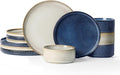 Famiware Star 12-Piece Stoneware Dinnerware Sets for 4, Modern Rustic Dishes for Everyday & Formal Use, Reactive Glaze Plates and Bowls, Chip/Scratch Resistant, Microwave/Dishwasher Safe, White & Blue