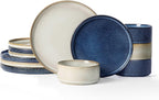 Famiware Star 12-Piece Stoneware Dinnerware Sets for 4, Modern Rustic Dishes for Everyday & Formal Use, Reactive Glaze Plates and Bowls, Chip/Scratch Resistant, Microwave/Dishwasher Safe, White & Blue