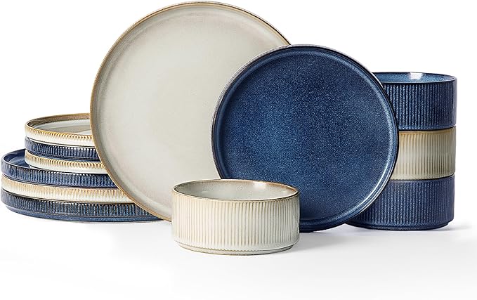 Famiware Star 12-Piece Stoneware Dinnerware Sets for 4, Modern Rustic Dishes for Everyday & Formal Use, Reactive Glaze Plates and Bowls, Chip/Scratch Resistant, Microwave/Dishwasher Safe, White & Blue