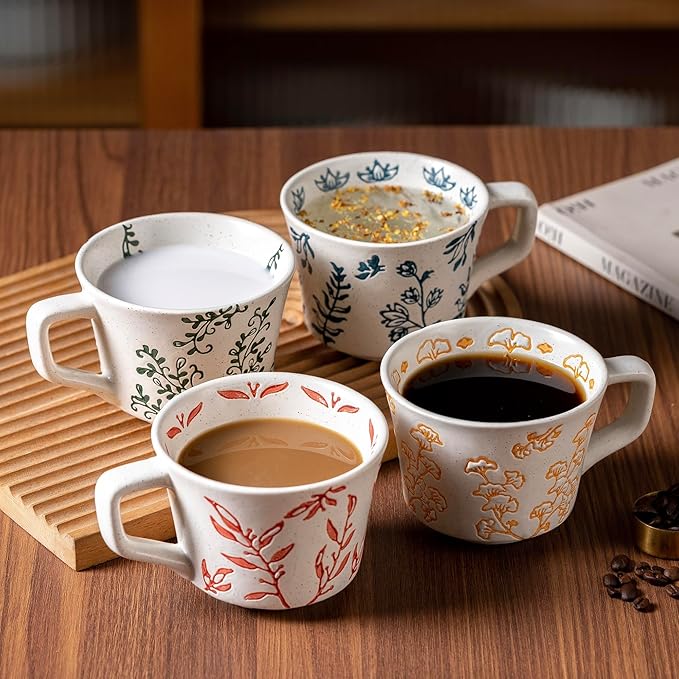 Ceramic Mugs 11 oz Unique Luxurious Cups Set of 4, Mug for Coffee Milk Latte Cappuccino Tea, Office Home Dishwasher Microwave Freezer Safe Stoneware Handmade Minimalist Mixed Cup