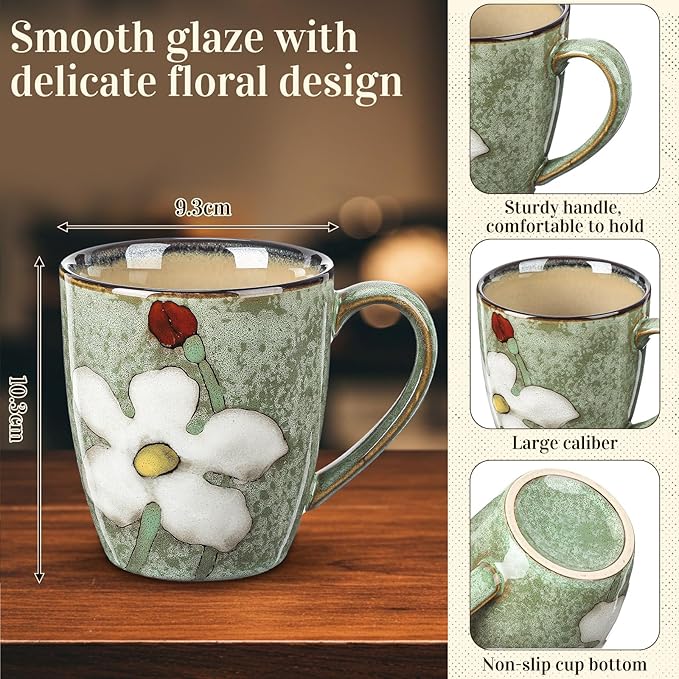 Maxdot 1 Pcs 12oz Ceramic Coffee Mugs Sets Glazing Process Cappuccino Mug Floral Ceramic Tea Cups Mother's Day Idea Gift for Women Mom Porcelain Cup for Coffee, Cocoa, Tea, Latte (Fresh)