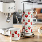 Signature Housewares Stackable Coffee Mug Tower Set with Metal Wire Rack - 15 Ounce Coffee Mugs for Coffee, Tea, Cocoa, Milk, Cappuccino, Hot Chocolate Set of 4 - Strawberry Pattern