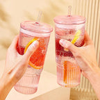 JunVpic Glass Cups with Lids and Straws,24oz Glass Tumbler with Handle Iced Coffee Cup for Coffee,Juice,Tea,Milk,Smoothie,Hot & Cold Drinks (Pink)