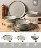 GBHOME Stoneware Dinnerware Sets for 4, 12 Pieces Rustic Ceramic Plates and Bowls Set, Handmade Reactive Glaze Plate Sets, Highly Chip Resistant Dishes, Microwave & Dishwasher Safe, Green Wheat