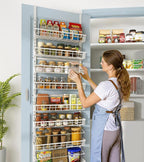 Over The Door Pantry Organizer, Wall Mount Spice Rack, Pantry Hanging Storage and Organization, 8 Adjustable Baskets Heavy-Duty Metal for Home & Kitchen, Back of Door Seasoning Rack - White