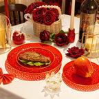 Rubtlamp 350 Pcs Plastic Dinnerware Set (50 Guests), Red And Gold Plastic Plates, Hammered Party Plates Set Include Dinner Plates, Dessert Plates, Cups, Cutlery Set And Napkins for Wedding And Party