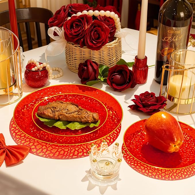 Rubtlamp 350 Pcs Plastic Dinnerware Set (50 Guests), Red And Gold Plastic Plates, Hammered Party Plates Set Include Dinner Plates, Dessert Plates, Cups, Cutlery Set And Napkins for Wedding And Party