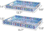 Hiceeden Set of 2 Boho Floral Serving Tray with Handles, 15.7" x 11.8" Decorative Plastic Ottoman Tray, Modern Large Coffee Table Server for Living Room, Bathroom, Kitchen, Rectangle, Blue