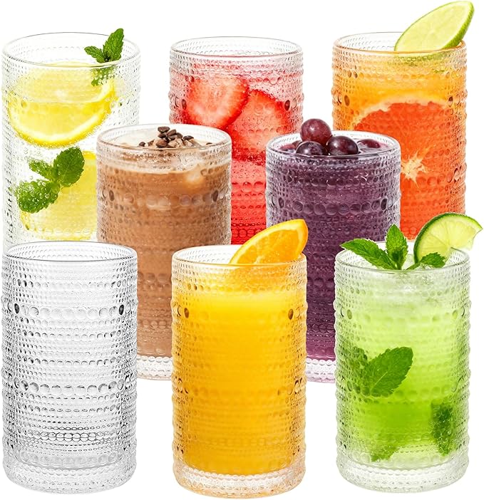 Hobnail Drinking Glasses Set of 8, 12 Oz Vintage Style Tumblers – Thick Durable Glass, Smooth Interior, Dishwasher Safe for Water, Juice, Wine, Whiskey