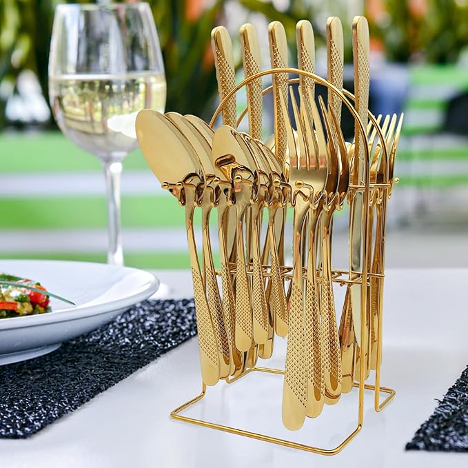 Gold Silverware Set,24 Piece Gilded Silverware Set Rack Service for 6，Mirror Polished Cutlery Utensil Set,Home Kitchen Eating Tableware Set,Include Fork Knife Spoon Holder Set,Dishwasher Safe…