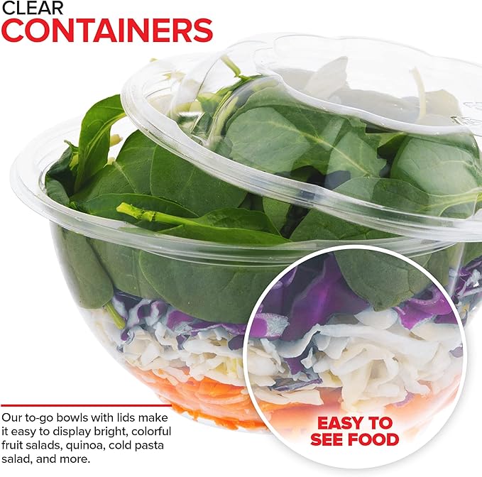 Stock Your Home 32oz Clear Plastic Salad Bowls with Lids Disposable (50 Pack) Medium Takeout Container with Snap on Lid for Fruit Salads, Quinoa, Lunch and Meal Prep, Acai Bowl, To-Go Party Containers