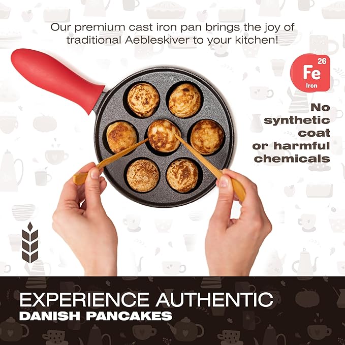 KUHA Cast Iron Aebleskiver Pan | Pre-Seasoned Pan for Authentic Danish Pancake Making, Poffertjes, Takoyaki, Appam & Paniyaram | Silicone Handle, Oven Mitt & Bamboo Skewers Included | 7.9" Diameter