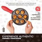 KUHA Cast Iron Aebleskiver Pan | Pre-Seasoned Pan for Authentic Danish Pancake Making, Poffertjes, Takoyaki, Appam & Paniyaram | Silicone Handle, Oven Mitt & Bamboo Skewers Included | 7.9" Diameter
